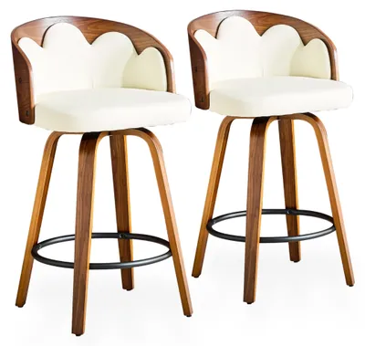 Produktbild von Drehbare Barhocker 2er Set mit Blütenrückenlehne, Bugholzrahmen, Kunstleder, Armlehnen, 67,5 cm Sitzhöhe und Metallfußstütze, Creme