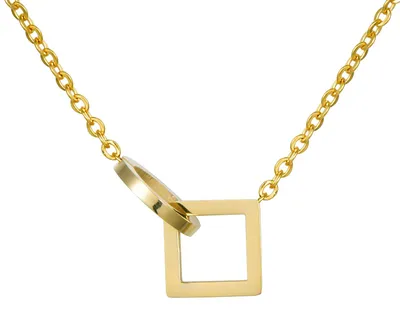 Image de Collier pour femme Morella avec pendentif « cercle dans un carré » en acier inoxydable doré, livré dans une pochette en velours