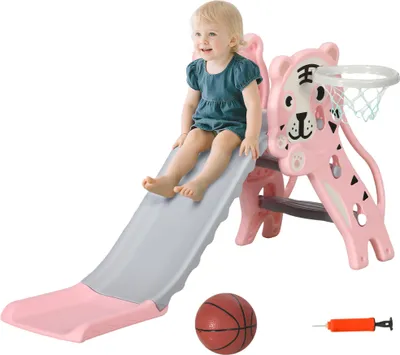 Image de AIYAPLAY Toboggan pour enfants, toboggan intérieur pour enfants, avec un panier de basket, thème tigre, de 18 à 36 mois, jusqu'à 25 kg, 133L x 60l x 70H cm, rose
