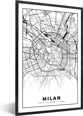 Produktbild von MuchoWow® Gerahmtes Poster Mailand - Stadtplan - Schwarz und weiß - Karte 60x90 cm - Poster mit Schwarzem Bilderrahmen Wandposter Rahmen Foto Bilder - Kunst