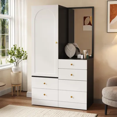 Produktbild von MODFU Kleiderschrank mit Ganzkörperspiegel,Kompaktgarderobe mit Ausziehhocker und 6 Schublade,Aufbewahrungsschrank mit Bogenförmige Tür,Schwarz + Weiß