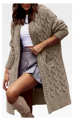Produktbild von Damen Strickjacke mit Kapuze, Langarm, Grobstrick, Offene Front, Herbst/Winter, Casual, Pullover mit Taschen, Knielang