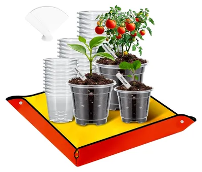 Produktbild von 30 Stück Klare Anzuchttöpfe mit Pflanzmatte, 8,9 cm, 10,2 cm, 12,7 cm Rund Blumentöpfe mit Ablauflöchern, 66 cm x 66 cm Umtopfmatte und 20 Pflanzenetiketten für Samen und Setzlinge