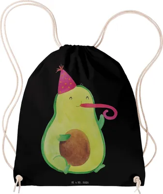 Produktbild von Mr. & Mrs. Panda Gymbag Avocado Feier - Schwarz - Geschenk, Gute Laune, Stoffrucksack, Sportbeutel, Party, Jutebeutel, Stoffbeutel, Tröte, Geburtstag, Beutel