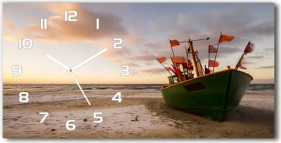 Produktbild von Wanduhr aus Glas – 60x30 cm - Glasbild - Glasuhr - Gehärtetes Glas - weisse-zeiger - Fischerboot Strand