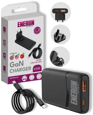 Zdjęcie produktu dla Szybka Ładowarka podróżna ENERON GaN Travel 65W 1xUSB-C 1xUSB-A SuperFast czarna