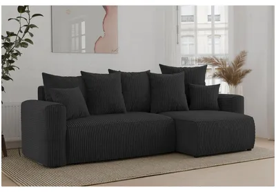 Produktbild von MEBLINI Schlafcouch mit Bettkasten - 238x142x73cm - Schwarz Cordstoff - DAVE - Kleines Ecksofa mit Schlaffunktion - Sofa mit Relaxfunktion und Kissen - Kleine Couch L-Form - Eckcouch