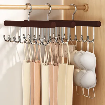 Productafbeelding van Gordelhouder, 2 stuks, hout, met 8 haken, ideaal voor kledingkasten, ruimtebesparend, geschikt voor ondergoed, sjaals, en stropdassen. Kleur: donker