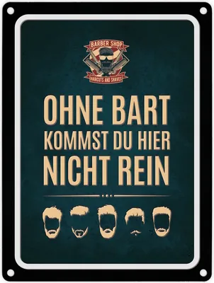 Produktbild von Ohne Bart kommst du hier nicht rein Metallschild mit Barber-Shop Motiv Barbier