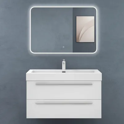 Produktbild von doporro Badmöbelset Waschbeckenunterschrank 100cm, Unterschrank in Matt weiß mit Mineralguss-Waschbecken Quadratto