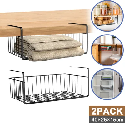 Collage of product images showing under-shelf storage baskets in various settings, including a kitchen and a closet, with a size indication.