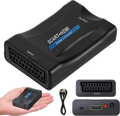 A black SCART to HDMI converter adapter is shown, with a USB cable and two separate views of the adapter's ports.