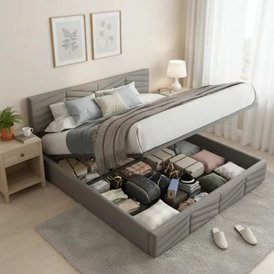 Produktbild von Polsterbett Doppelbett Hydraulisches Funktionsbett Samt Streifen-Stil Continentalbett Höhenverstellbares Kopfteil 140x200 Grau