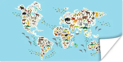 Produktbild von MuchoWow® Poster Weltkarte Kinder - Tiere - Blau 40x20 cm - Poster für die Wand - Poster Schlafzimmer