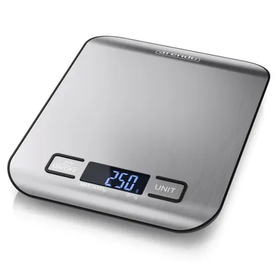 Produktbild von Arendo Küchenwaage digital bis 5 kg, Präzisionswaage, Digitale Lebensmittelwaage aus Edelstahl, Messgenauigkeit 1g, automatische Abschaltung, Tara-Funktion, weißes LED Display