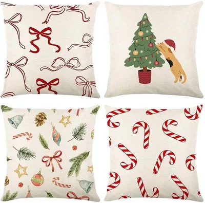Produktbild von Unyqoos® 4er-Set Kissenhüllen 45 x 45 cm Leinenoptik mit Weihnachtsmotiv – festliche Dekokissen für Wohnzimmer & Schlafzimmer
