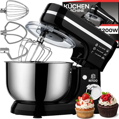Produktbild von Küchenmaschine 3200W - 6L Edelstahl-Rührschüssel inkl. Rührhaken, Knethaken, Schneebesen und Spritzschutz, 6 Geschwindigkeiten Schwarz, Retoo