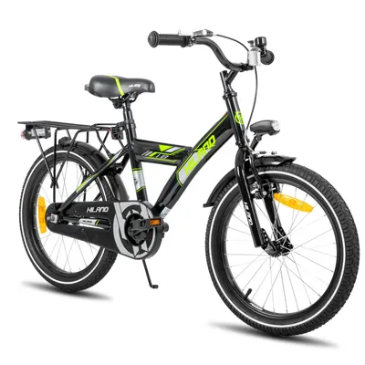 Produktbild von HILAND Rocket 18 Zoll Kinderfahrrad Mountainbike mit Gepäckträger Stützrädern, Kinder MTB für Jungen und Mädchen ab 5 6 7 8 9 Jahren, Schwarz