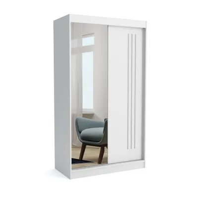 Produktbild von Kleiderschrank MIKE 100 WHITE, 100x60x215 cm mit Spiegel –Schiebetüren, Kleiderstange & Regalböden, Garderobenschrank, Moderner Kleiderschrank