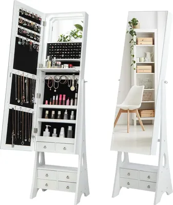 Produktbild von GOPLUS Schmuckschrank mit Ganzkörperspiegel, Spiegelschrank mit LED-Beleuchtung, freistehender Schmuckspiegel mit Ablage, Weiß