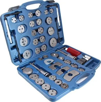 A blue plastic case containing a set of brake caliper piston wind-back tools.