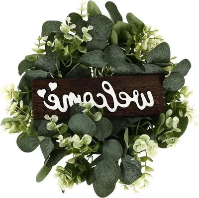 Produktbild von Famanu Kunstpflanze Eukalyptuskranz - Rustikales Holzschild für Zuhause und Hochzeit - Grüne Frühlingsdekoration