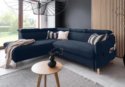 Image de MIUFORM Sweet Harmony - Canapé d'angle avec fonction lit et coffre de lit L-FORME GAUCHE - 253x208cm - Velours bleu marine - Canapé-lit Canapé