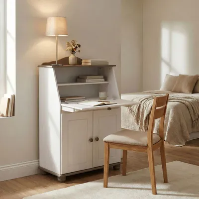 Produktbild von Sekretär DAVID aus Kiefer Massivholz, Taupe/Weiß - Klappensekretär mit aufklappbarer Arbeitsfläche, Schreibtisch mit Stauraum für Büro oder Wohnzimmer im Landhausstil