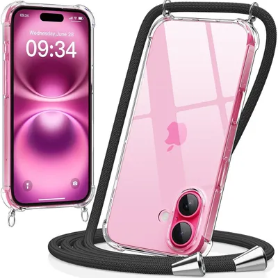 Produktbild von Handyhülle mit Band für iPhone 16 6.3 Zoll Transparent Schwarz zum Umhängen
