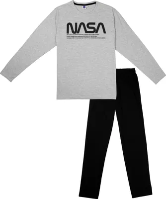 Produktbild von NASA Schlafanzug für Herren Pyjama Set Langarm Oberteil mit Hose Grau/Schwarz M