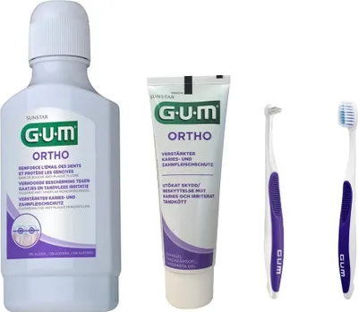 Produktbild von GUM Ortho Mundspülung + Ortho Zahnpasta + Ortho Zahnbürste + Einbüschelbürste