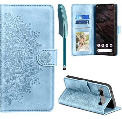 Productafbeelding van Telefoonschaal Pixel 7A, leren hoes, flip cover, kaarthouder, hemelsblauw