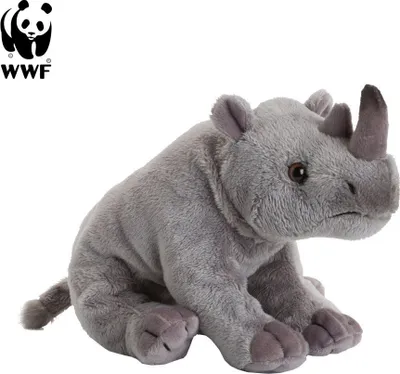 A plush toy rhino is shown sitting on a white background, with the WWF logo in the top left corner.