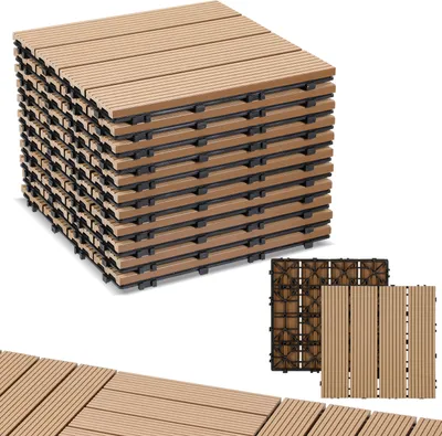 Zdjęcie produktu dla Izrielar – 11 sztuk płytek tarasowych z WPC z systemem drenażowym i zatrzaskowym, do ogrodu i na balkon, 30 x 30 cm, wzór tekowy