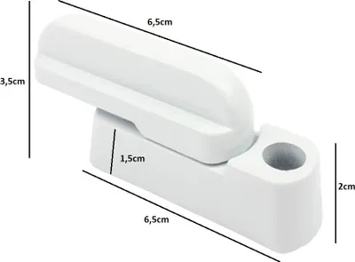 A white window lock with dimensions indicated by lines and text.