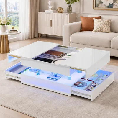 Zdjęcie produktu dla INONEFT, rozkładany stolik kawowy, 78x78x43 cm, stolik do salonu z 2 szufladami, stolik pomocniczy z ukrytym schowkiem, stolik do sofy, biały