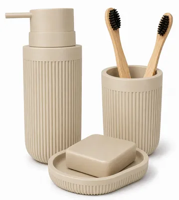 Immagine prodotto di Accessori da bagno Relaxdays, set da 3 pezzi, portasapone, dispenser per sapone, portaspazzolino, poliresina, set di accessori da bagno, beige