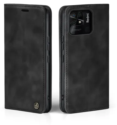A black flip case for a Xiaomi Redmi 10C phone is shown from two angles.