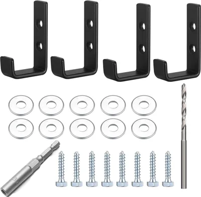 A set of black U-shaped wall hooks, washers, screws, and a drill bit are laid out on a white background.