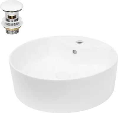 Produktbild von LuxeBath Waschbecken Aufsatzwaschbecken Rund, Ø 46x15,5 cm, Weiß, aus Keramik, inkl. Ablaufgarnitur mit Überlauf