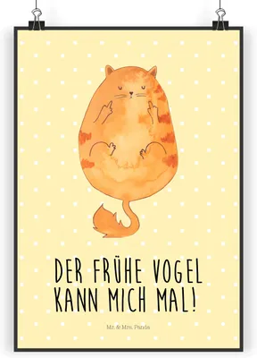 Produktbild von Mr. & Mrs. Panda Bild Katze Frühaufsteher DIN A3 - Gelb Pastell - Geschenk, Posterdruck, wanddeko, Verschlafen, Morgenmuffel, Mittelfinger, Kaffee, drucke, Wandbild