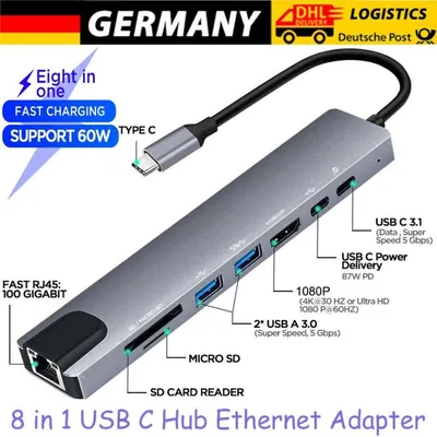 Produktbild von 8 IN1 USB C Hub Ethernet Multiport Typ C Adapter PD USB C Dock für MacBook iPad