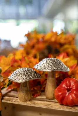Produktbild von Mango-Holz und Metall Figur Pilz braun silber 2er Set - 11 und 15cm Dekofigur Wald-Deko Tisch Dekoration