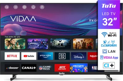 A television screen displaying various streaming app logos and promotional graphics, with a side panel detailing product features.