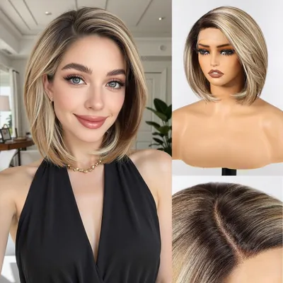 Produktbild von Perücke Lace-Front Bob 30 cm braun synthetisch kleberlos Damen T-Teil-Spitze Highlights