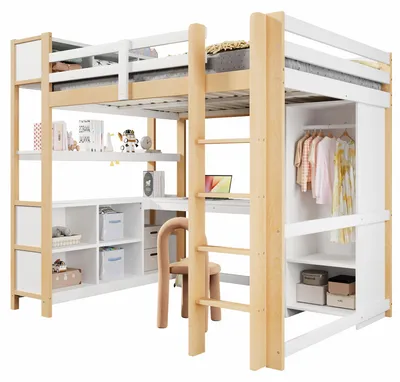 Produktbild von Hochbett mit Lattenrost, Trittleiter, Regal, Kleiderschrank und Schreibtisch, 140x200 cm, Kinderbett mit Rausfallschutz, Kiefer