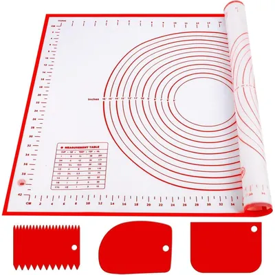 Produktbild von Silikon Backmatte 60 x 40 cm Rot mit 3 Teigschabern, Antihaft, Hitzebeständig