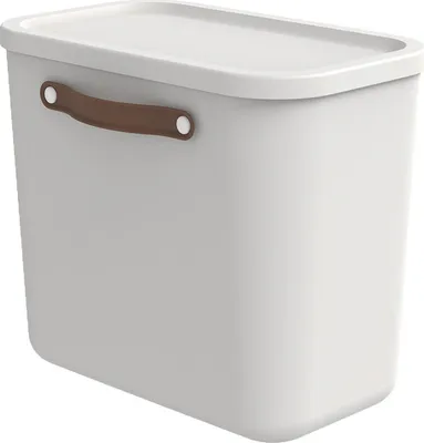 A light gray storage box with a brown handle and lid, shown against a white background.