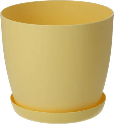 A yellow plant pot with a saucer, isolated on a white background.