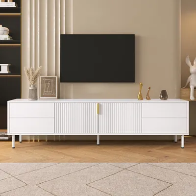 Produktbild von Merax TV Lowboard mit Riffeltüren und 4 Schubladen, TV Schrank mit Metallfüßen, TV-Board Wohnzimmer mit Kabeldurchlass, Fernsehschrank, Weiß